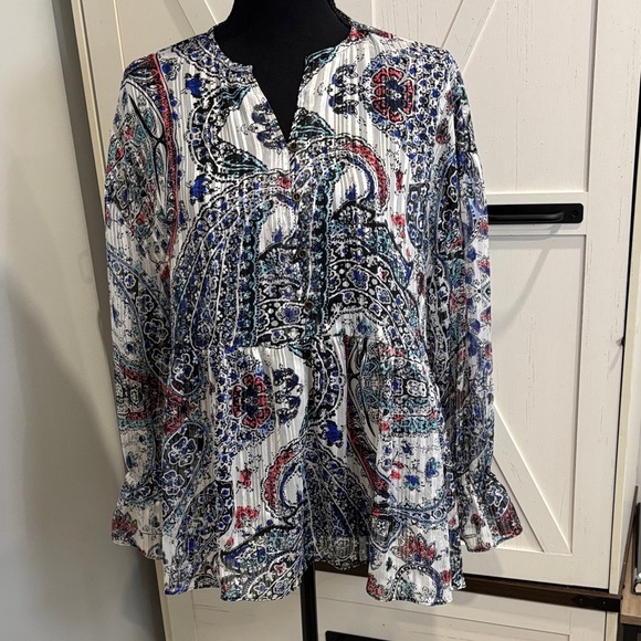 RD & kokio Tops - Paisley Print Long-Sleeve Peasant Button Down Top - White/Blue NWOT